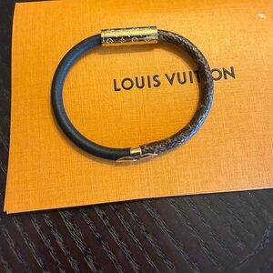 Louis Vuitton Women’s Black & Brown Monogram Leather Bracelet with Gold Clasp